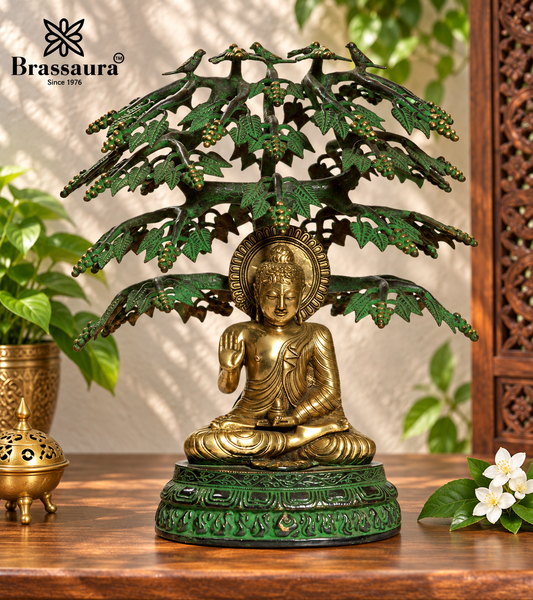 Brassaura® Buddha Sitting with Tree Idol with Gold Tone Finish | Pure Superfine Brass Handcrafted Murti | Brass Statue for Home Temple, Pooja Room | Height 21 Inches | Weight 17 Kgs