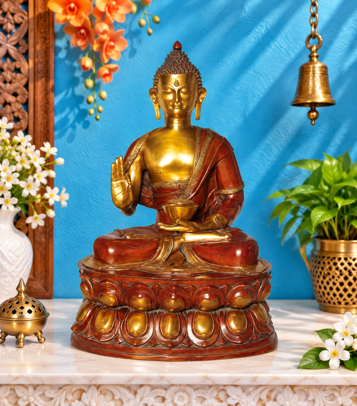 पीतल की कलात्मक बुद्ध प्रतिमा, वज़न 50 किलोग्राम, ऊँचाई 38 इंच