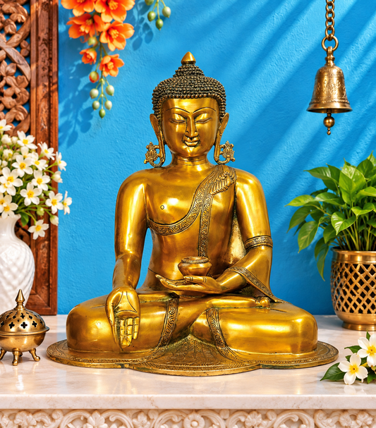 Brassaura® Buddha Sitting in Meditation Idol with Antique Finish | Pure Superfine Brass Handcrafted Murti | Brass Statue for Home Temple, Pooja Room | Height 17.5 Inches | Weight 17 Kgs