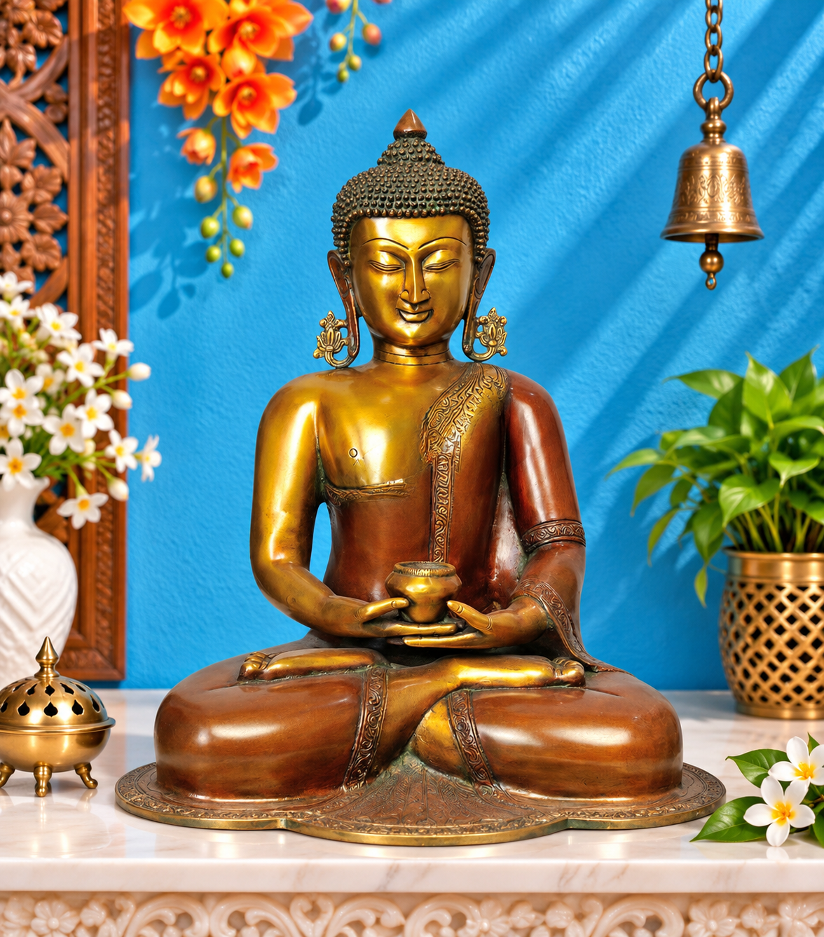 पीतल भूमिस्पर्श बुद्ध, वज़न 16 किलोग्राम और ऊँचाई 18 इंच