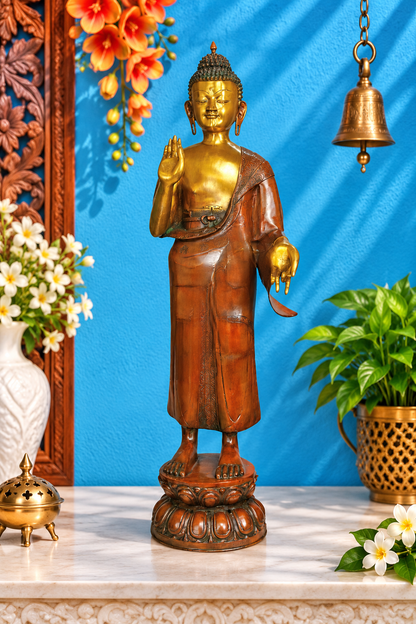 Brassaura® Blessing Standing Buddha Idol for Home & Décor | Pure Superfine Brass Handcrafted Murti, Brass Statue for Home Temple, Pooja Room | Height 33.5 Inches | Weight 33 Kg
