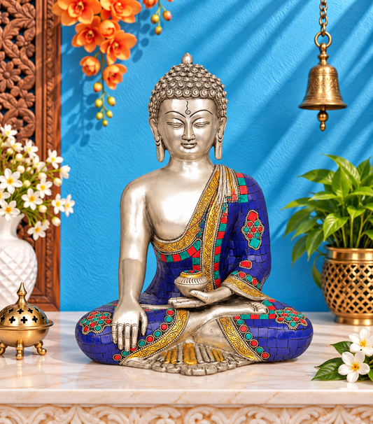 पीतल भूमिस्पर्श जेम स्टोन वर्क बुद्ध वजन 7 किलो और ऊंचाई 12 इंच