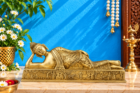 Brassaura® Brass Relaxing Royal Golden Buddha Idol – Pure Superfine Brass Handcrafted Murti, Brass Statue for Home Temple, Pooja Room – 5 Inch, 2.9 Kg