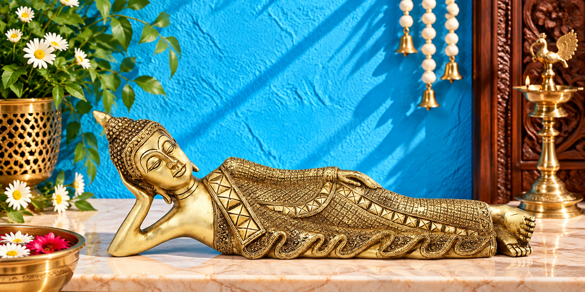 Brassaura® Brass Relaxing Royal Golden Buddha Idol – Pure Superfine Brass Handcrafted Murti, Brass Statue for Home Temple, Pooja Room – 7 Inch, 4.8 Kg