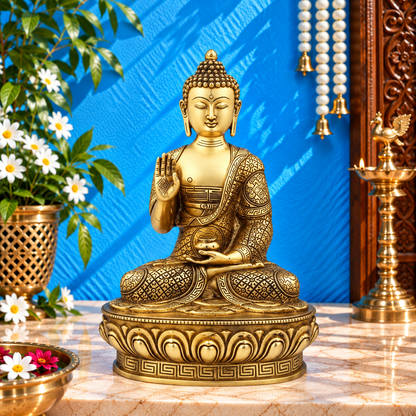 Brassaura® Brass Antique Royal Golden Buddha Idol – Pure Superfine Brass Handcrafted Murti, Brass Statue for Home Temple, Pooja Room – 13 Inch, 4.2 Kg