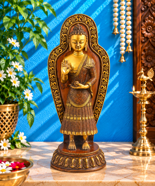 Brassaura® Brass Antique Standing Buddha Idol – Pure Superfine Brass Handcrafted Murti, Brass Statue for Home Temple, Pooja Room – 14 Inch, 5 Kg