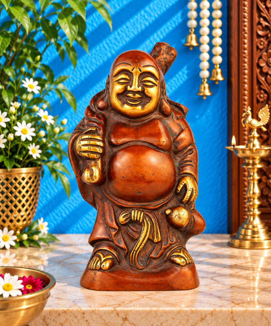 Brassaura® Brass Classic Laughing Standing Buddha Idol – Pure Superfine Brass Handcrafted Murti, Brass Statue for Home Temple, Pooja Room – 6 Inch, 1.7 Kg