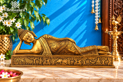 Brassaura® Brass Vintage Relaxing Buddha Idol in Reclining Pose – Pure Superfine Brass Handcrafted Murti, Brass Statue for Home Temple, Pooja Room – 5 Inch, 2.6 Kg