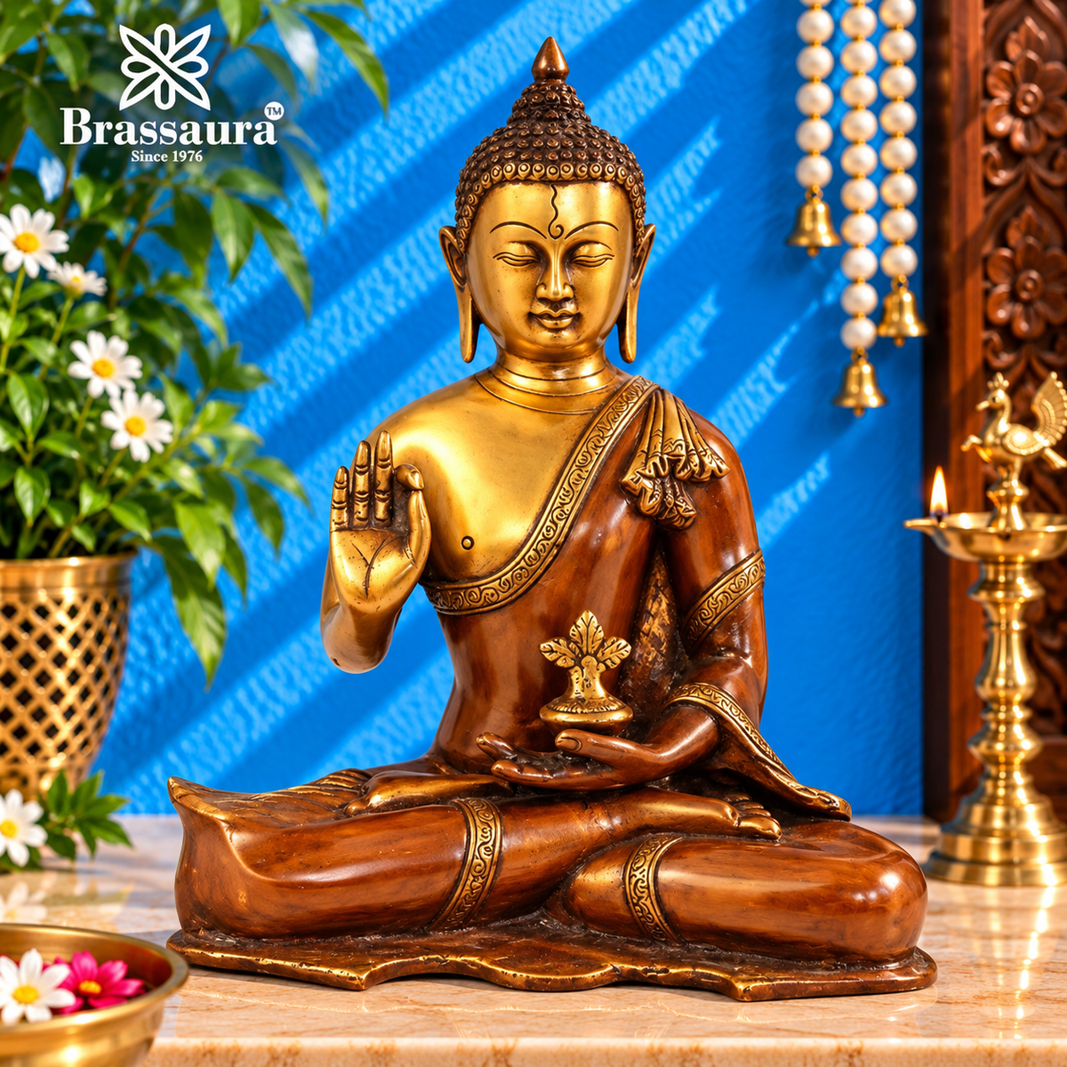 Brassaura® Brass Vintage Buddha Idol in Seated Meditation Pose – Pure Superfine Brass Handcrafted Murti, Brass Statue for Home Temple, Pooja Room – 10 Inch, 3.9 Kg