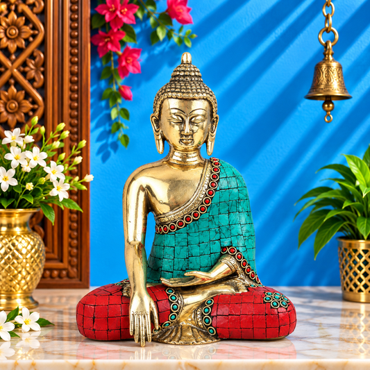 पीतल भूमिस्पर्श रत्न कार्य बुद्ध वज़न 2 किग्रा और ऊंचाई 8 इंच