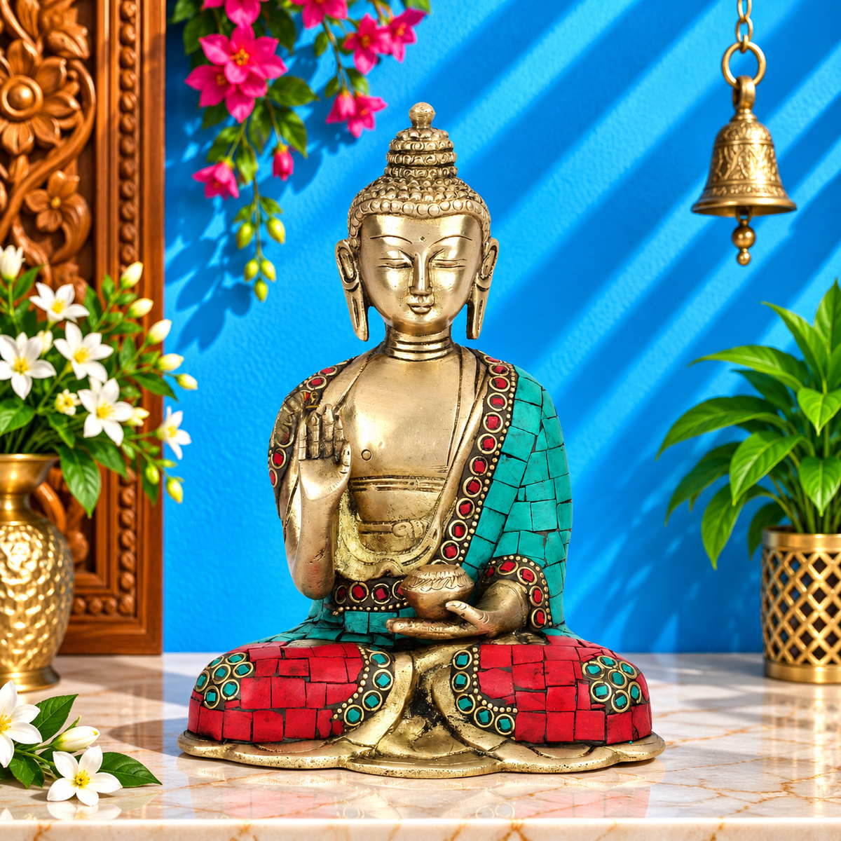 पीतल आशीर्वाद रत्न कार्य बुद्ध वज़न 1.4 किग्रा और ऊँचाई 6.5 इंच
