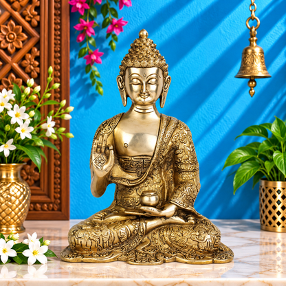 पीतल की आशीर्वाददायक कलात्मक बुद्ध प्रतिमा, वज़न 3.5 किलोग्राम और ऊँचाई 10 इंच