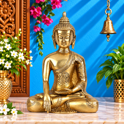 पीतल भूमिसपर्शा रॉयल गोल्डन बुद्ध वज़न 1.9 किग्रा और ऊँचाई 8 इंच