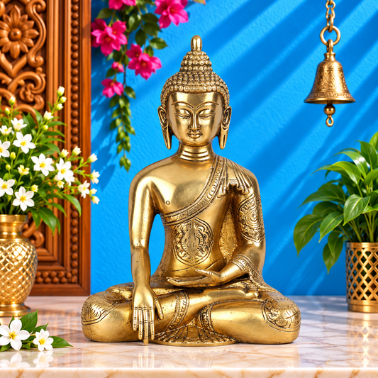 पीतल भूमिसपर्शा रॉयल गोल्डन बुद्ध वज़न 1.9 किग्रा और ऊँचाई 8 इंच