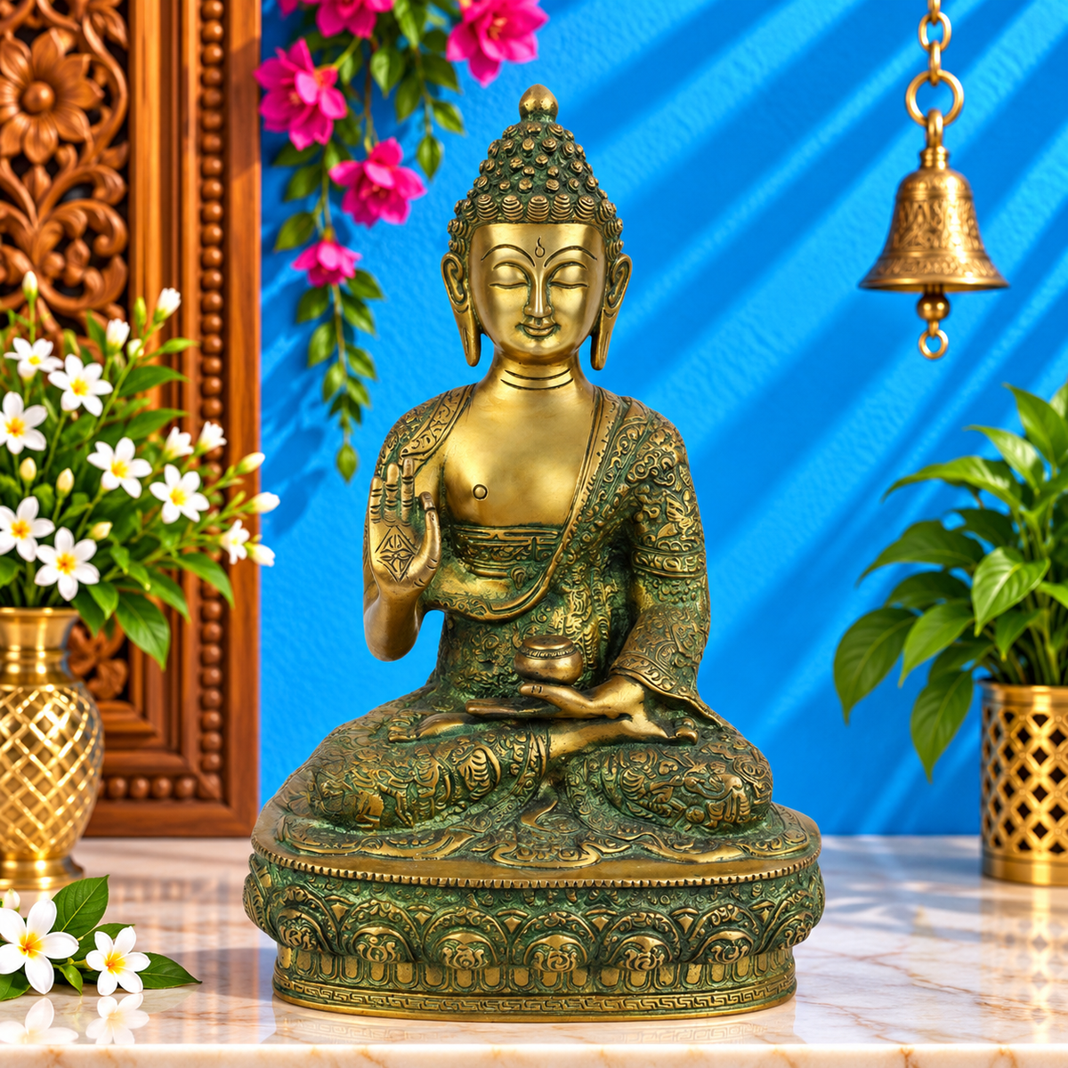 Brassaura® Buddha Sitting in Blessing Mudra Idol with Antique Finish and Base | Pure Superfine Brass Handcrafted Murti | Brass Statue for Home Temple, Pooja Room | Height 12 Inches | Weight 4.2 Kgs