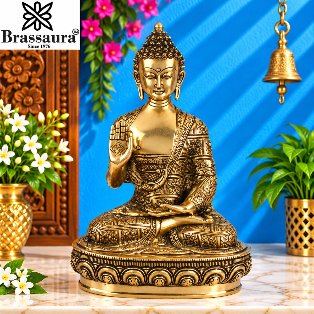 Brassaura® Buddha Sitting in Blessing Mudra Idol with Antique Finish | Pure Superfine Brass Handcrafted Murti | Brass Statue for Home Temple, Pooja Room | Height 12 Inches | Weight 4.9 Kgs