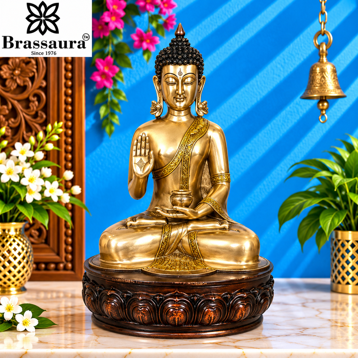 Brassaura® Buddha Sitting in Blessing Mudra Idol with Base and Antique Finish | Pure Superfine Brass Handcrafted Murti | Brass Statue for Home Temple, Pooja Room | Height 25 Inches | Weight 29 Kgs