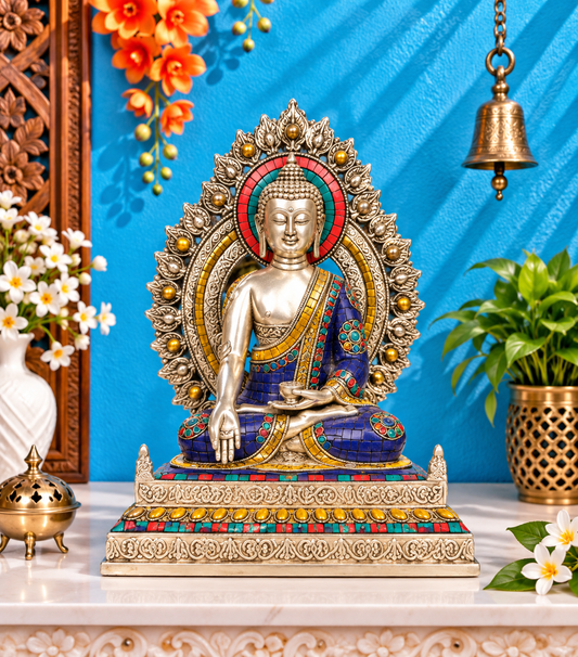 Brassaura® Brass Bhumisparsha Gem Stone Work Buddha Statue – Pure Superfine Brass Handcrafted Murti, Brass Statue for Home Temple, Pooja Room – 11 Inch, 6 Kg