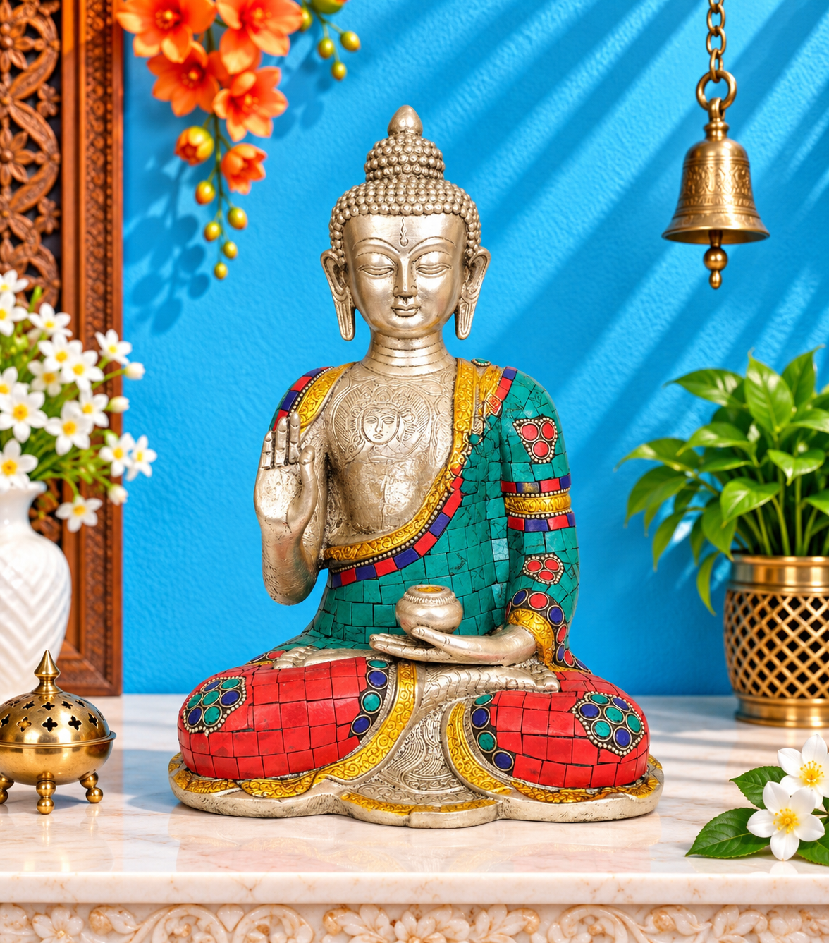 पीतल आशीर्वाद रत्न कार्य बुद्ध वज़न 4 किग्रा और ऊंचाई 10 इंच