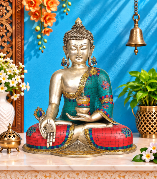 Brassaura® Buddha Sitting in Blessing Mudra Idol with Gem Stone Work Finish | Pure Superfine Brass Handcrafted Murti | Brass Statue for Home Temple, Pooja Room | Height 18 Inches | Weight 18 Kgs