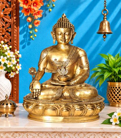 Brassaura® Large Bhumisparsha Buddha Statue with Lotus Offering Bowl & Ornate Lotus Pedestal | Pure Superfine Brass Handcrafted Murti | Brass Statue for Home Temple, Pooja Room | Height 46 Inches | Weight 86 Kgs