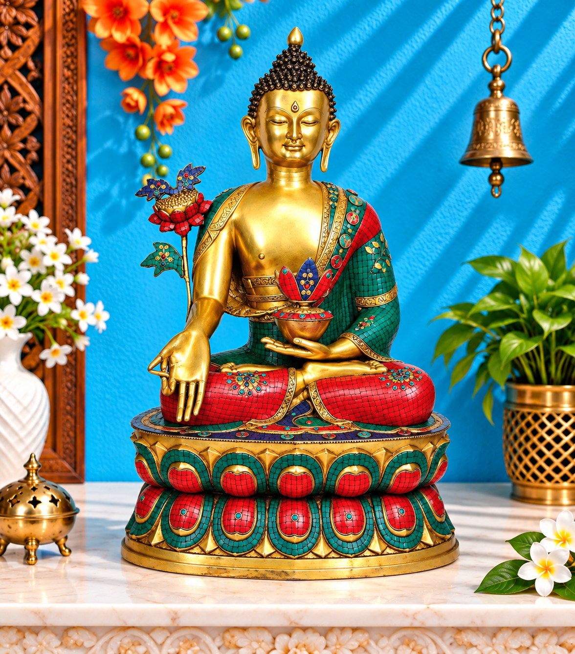 पीतल भूमिस्पर्श रत्न कार्य बुद्ध वजन 58 किग्रा और ऊंचाई 38 इंच