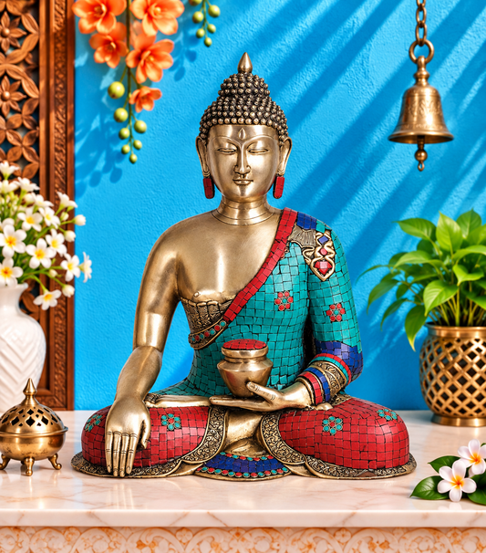 Brassaura® Buddha Bhumisparsha Mudra Sitting Idol with Gem Stone Work Finish | Pure Superfine Brass Handcrafted Murti | Brass Statue for Home Temple, Pooja Room | Height 24 Inches | Weight 22 Kgs