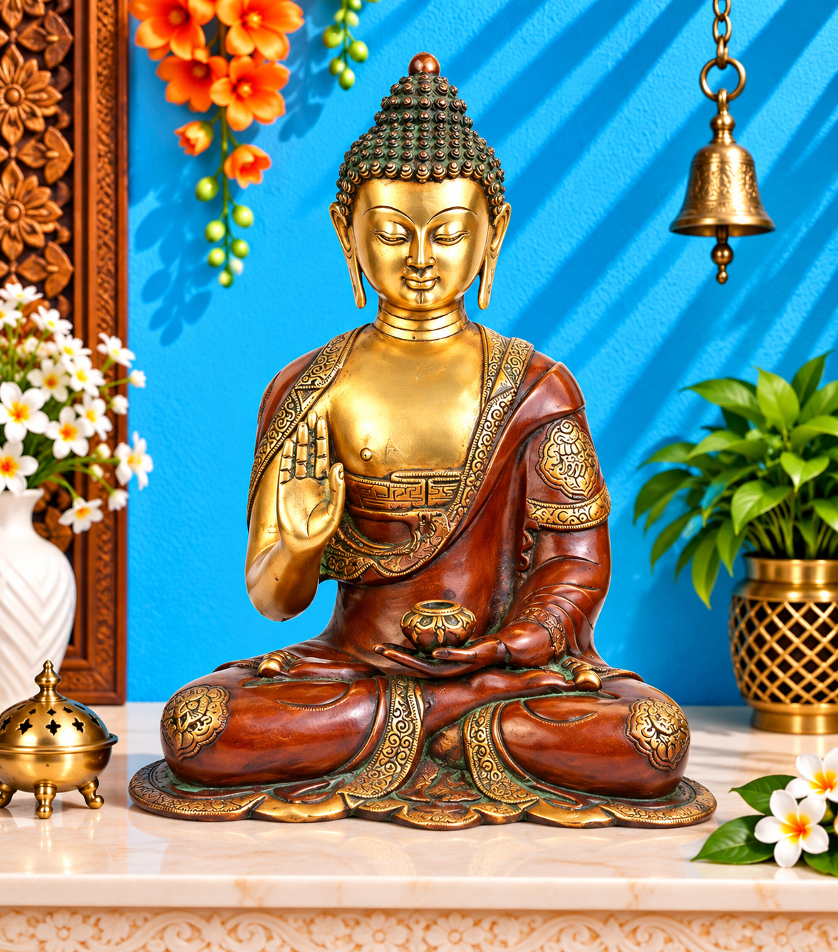 पीतल आशीर्वाद बुद्ध वज़न 7 किलो और ऊँचाई 15 इंच