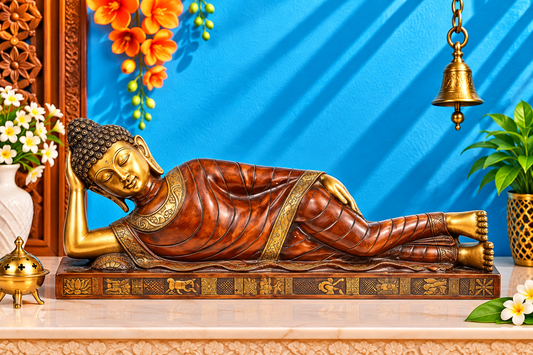 Brassaura® Sleeping Buddha Reclining Idol with Vintage Finish | Pure Superfine Brass Handcrafted Murti | Brass Statue for Home Temple, Pooja Room | Height 12 Inches | Weight 19 Kgs