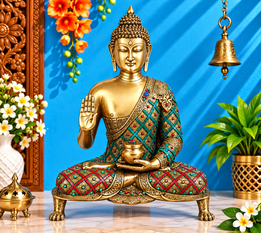 पीतल आशीर्वाद रत्न कार्य बुद्ध, आधार सहित, वज़न 22 किलो और ऊँचाई 26 इंच