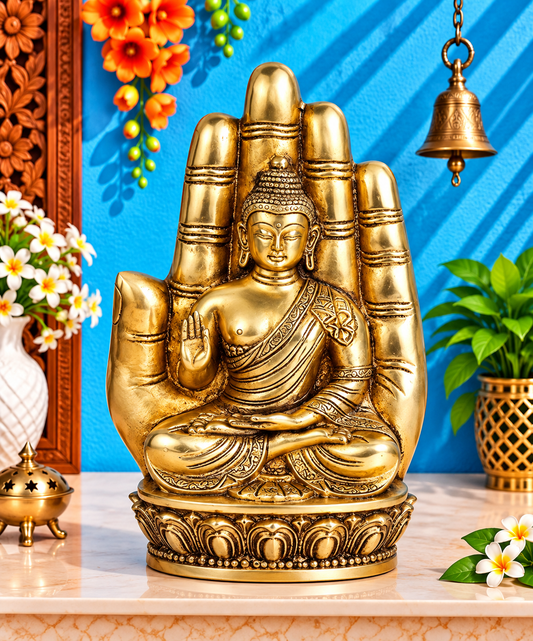 हाथ में पीतल की बुद्ध प्रतिमा वज़न 2.5 किलो और ऊँचाई 9 इंच
