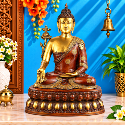 Brassaura® Buddha Bhumisparsha Mudra Sitting Idol with Vintage Finish | Pure Superfine Brass Handcrafted Murti | Brass Statue for Home Temple, Pooja Room | Height 32 Inches | Weight 34 Kgs