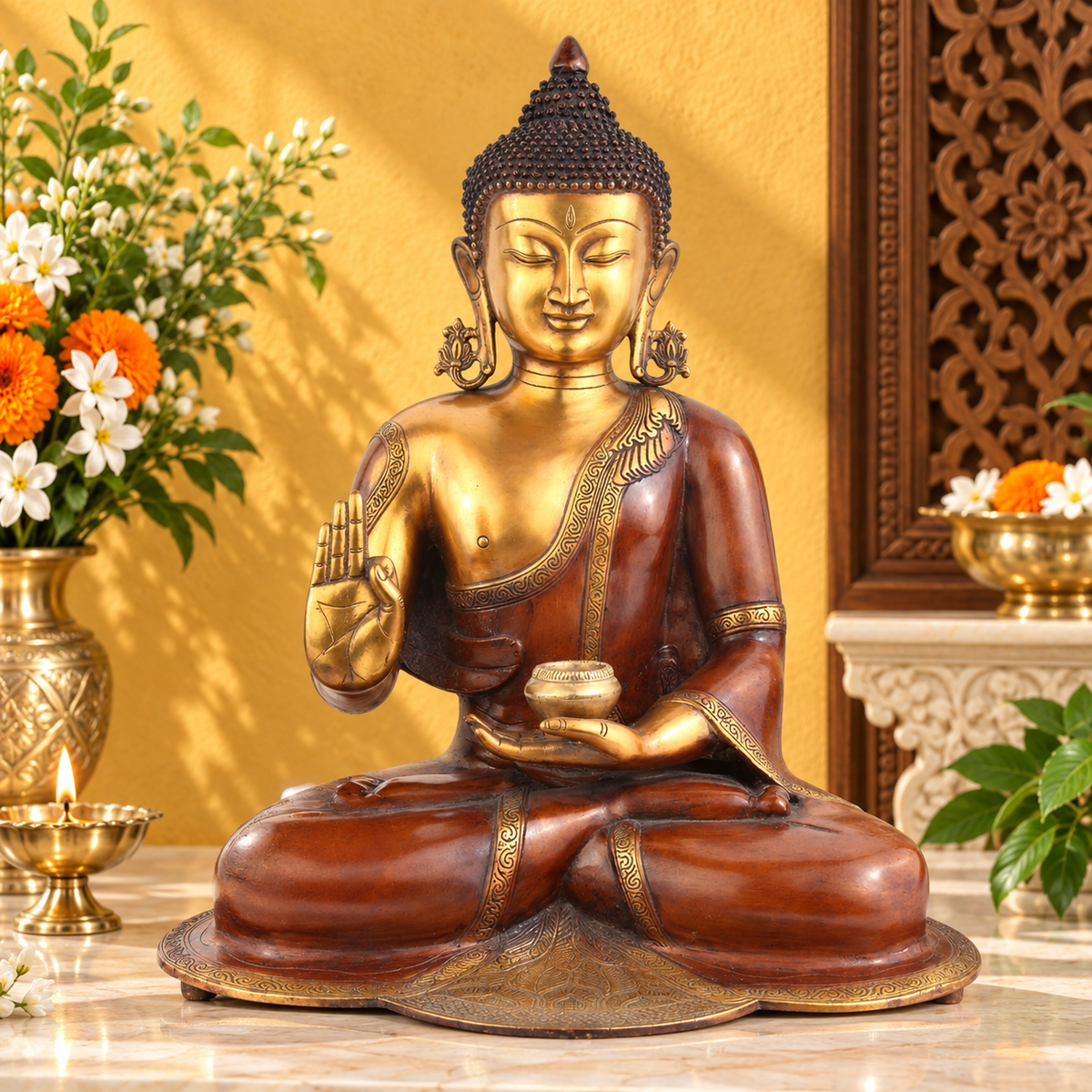 Brassaura® Buddha Sitting in Blessing Mudra Idol with Vintage Finish | Pure Superfine Brass Handcrafted Murti | Brass Statue for Home Temple, Pooja Room | Height 21 Inches | Weight 16 Kgs