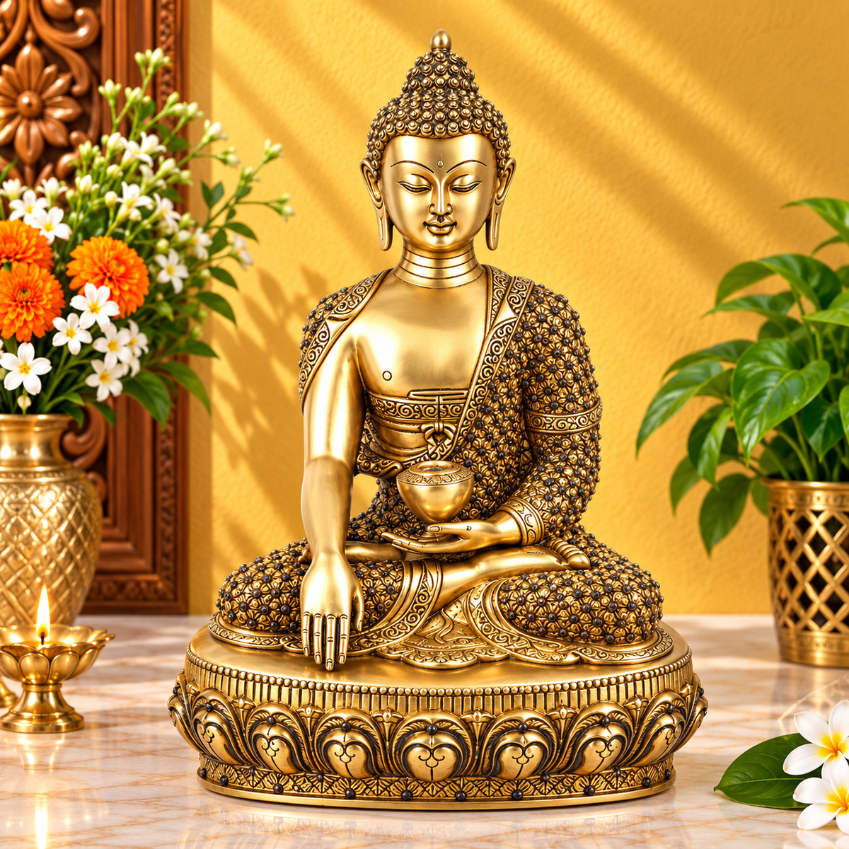 Brassaura® Buddha Bhumisparsha Mudra Sitting Idol with Gem Stone Work Finish | Pure Superfine Brass Handcrafted Murti | Brass Statue for Home Temple, Pooja Room | Height 16 Inches | Weight 11 Kgs