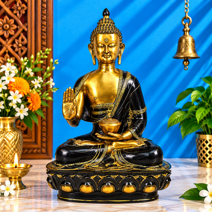 Brassaura® Buddha Sitting in Blessing Mudra Idol with Black & Gold Finish | Pure Superfine Brass Handcrafted Murti | Brass Statue for Home Temple, Pooja Room | Height 36 Inches | Weight 42 Kgs