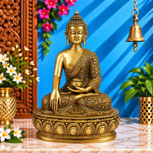 Brassaura® Seated Buddha Statue with Intricate Ornamental Detailing & Decorative Lotus Pedestal | Pure Superfine Brass Handcrafted Murti | Brass Statue for Home Temple, Pooja Room | Height 13 Inches | Weight 4.21 Kgs