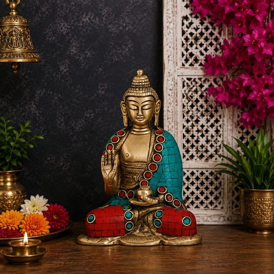 Brassaura® Buddha Sitting in Blessing Mudra Idol with Gem Stone Work Finish | Pure Superfine Brass Handcrafted Murti | Brass Statue for Home Temple, Pooja Room | Height 4.5 Inches | Weight 0.7 Kg