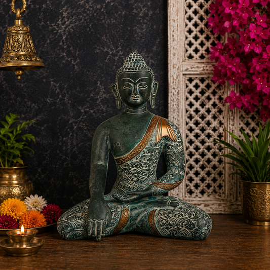 Brassaura® Buddha Bhumisparsha Mudra Sitting Idol with Antique Green & Gold Finish | Pure Superfine Brass Handcrafted Murti | Brass Statue for Home Temple, Pooja Room | Height 11 Inches | Weight 4.7 Kgs