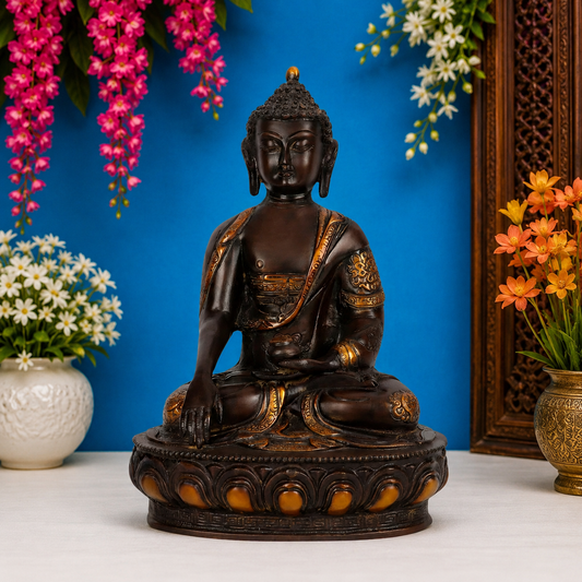 Brassaura® Buddha Bhumisparsha Mudra Sitting Idol with Antique Black & Gold Finish and Base | Pure Superfine Brass Handcrafted Murti | Brass Statue for Home Temple, Pooja Room | Height 12 Inches | Weight 4.2 Kgs