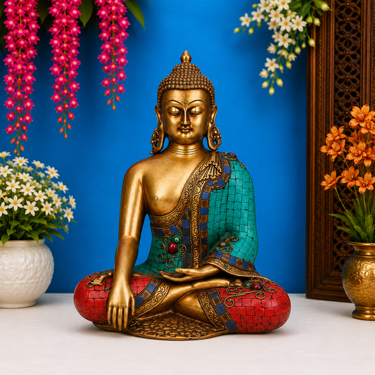 Brassaura® Buddha Bhumisparsha Mudra Sitting Idol with Gem Stone Work Finish | Pure Superfine Brass Handcrafted Murti | Brass Statue for Home Temple, Pooja Room | Height 13 Inches | Weight 6.5 Kgs