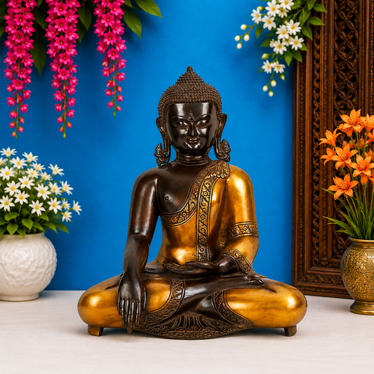 Brassaura® Buddha Bhumisparsha Mudra Sitting Idol with Antique Black & Gold Finish | Pure Superfine Brass Handcrafted Murti | Brass Statue for Home Temple, Pooja Room | Height 18 Inches | Weight 11.5 Kgs