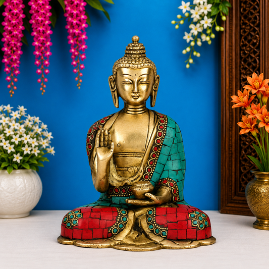 Brassaura® Buddha Sitting in Blessing Mudra Idol with Gem Stone Work Finish | Pure Superfine Brass Handcrafted Murti | Brass Statue for Home Temple, Pooja Room | Height 10 Inches | Weight 4.2 Kgs