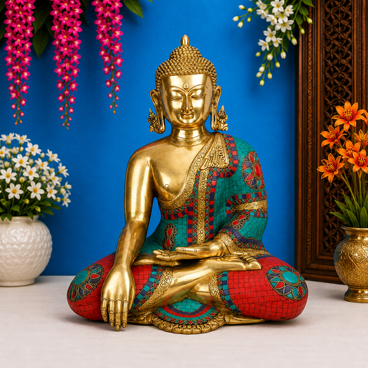 Brassaura® Buddha Bhumisparsha Mudra Sitting Idol with Gem Stone Work Finish | Pure Superfine Brass Handcrafted Murti | Brass Statue for Home Temple, Pooja Room | Height 22 Inches | Weight 20 Kgs