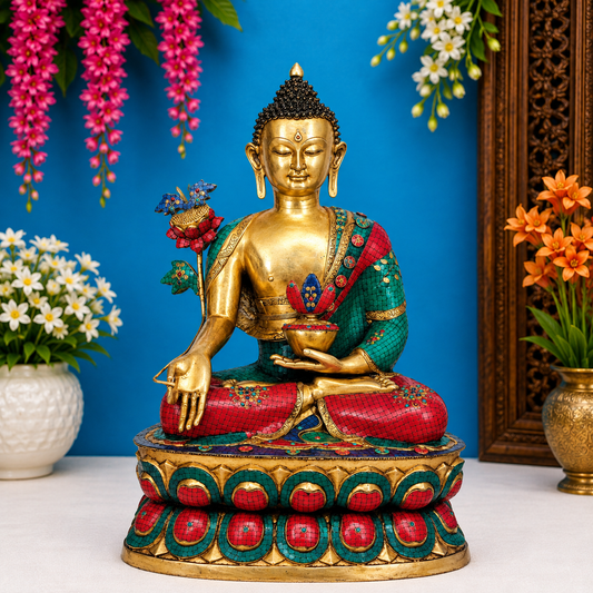 Brassaura® Buddha Bhumisparsha Mudra Sitting Idol with Gem Stone Work Finish | Pure Superfine Brass Handcrafted Murti | Brass Statue for Home Temple, Pooja Room | Height 38 Inches | Weight 58 Kgs