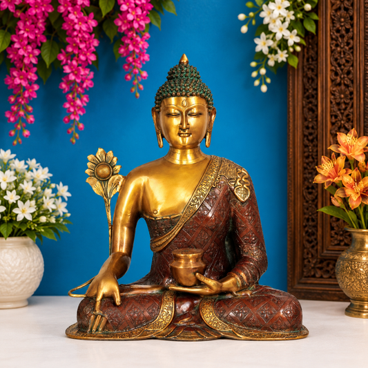 Brassaura® Buddha Bhumisparsha Mudra Sitting Idol with Antique Brown & Gold Finish | Pure Superfine Brass Handcrafted Murti | Brass Statue for Home Temple, Pooja Room | Height 24 Inches | Weight 21 Kgs
