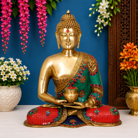 Brassaura® Buddha Sitting with Bowl Idol with Gem Stone Work Finish | Pure Superfine Brass Handcrafted Murti | Brass Statue for Home Temple, Pooja Room | Height 23.5 Inches | Weight 22 Kgs