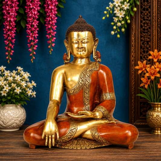 Brassaura® Buddha Bhumisparsha Mudra Sitting Idol with Antique Brown & Gold Finish | Pure Superfine Brass Handcrafted Murti | Brass Statue for Home Temple, Pooja Room | Height 14 Inches | Weight 11 Kgs