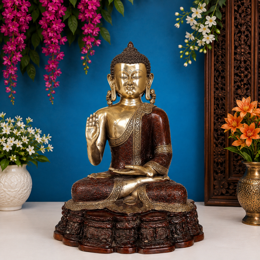 Brassaura® Buddha Sitting in Blessing Mudra with Tree Idol with Antique Brown & Gold Finish | Pure Superfine Brass Handcrafted Murti | Brass Statue for Home Temple, Pooja Room | Height 29 Inches | Weight 42 Kgs