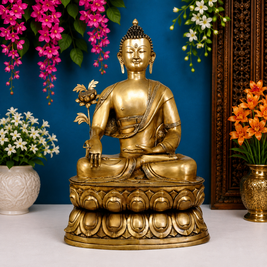 Brassaura® Buddha Bhumisparsha Mudra Sitting Idol with Lotus Flower Detail and Royal Golden Finish | Pure Superfine Brass Handcrafted Murti | Brass Statue for Home Temple, Pooja Room | Height 38.5 Inches | Weight 48 Kgs