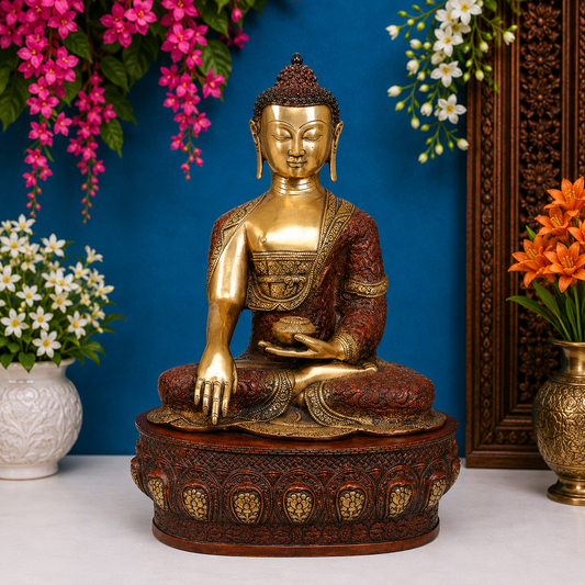 Brassaura® Buddha Bhumisparsha Mudra Sitting Idol with Antique Brown & Gold Finish | Pure Superfine Brass Handcrafted Murti | Brass Statue for Home Temple, Pooja Room | Height 21.5 Inches | Weight 16 Kgs